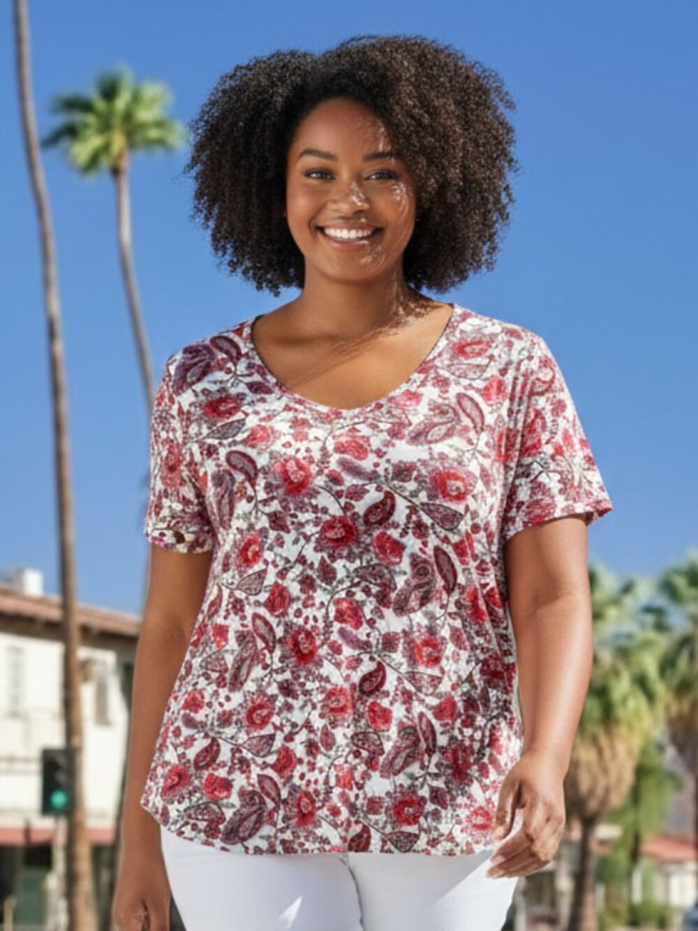 Philosophy Floral Paisley V-Neck T-Shirt XL, red short sleeved